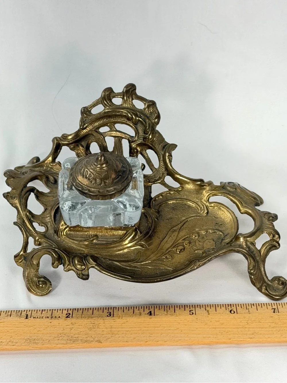 Source Unknown Ornate Brass-Finish Inkwell with Clear Glass Pot